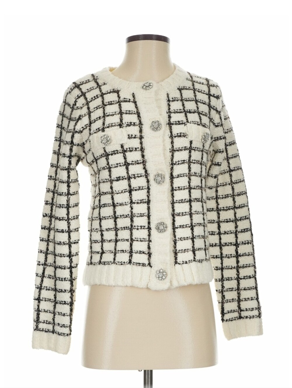 Ann Taylor Black White Tweed Boucle Knit Cardigan Jacket Rhinestone Buttons XS